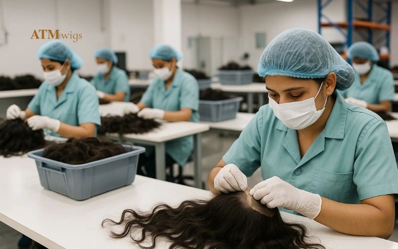 Workers making wigs in a clean ethical factory Workers making wigs in a clean ethical factory