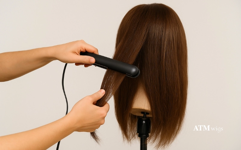Straightening a human hair wig with a flat iron Straightening a human hair wig with a flat iron