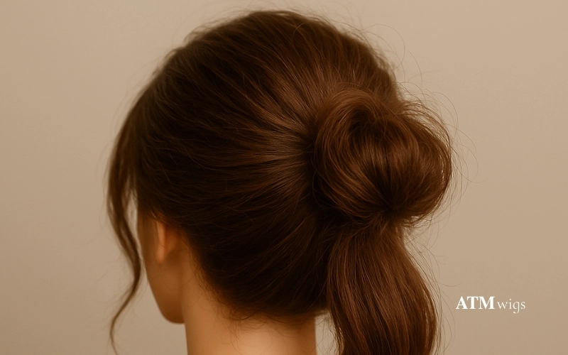 Human hair wig styled in a messy bun Human hair wig styled in a messy bun