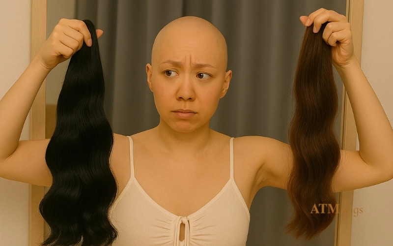 Woman choosing between two different wigs Woman choosing between two different wigs