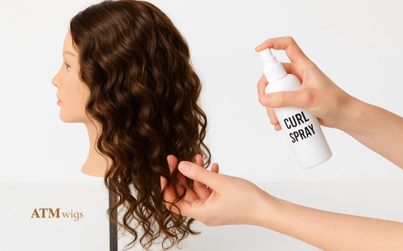 Styling curly synthetic wig with curl-friendly spray Styling curly synthetic wig with curl-friendly spray