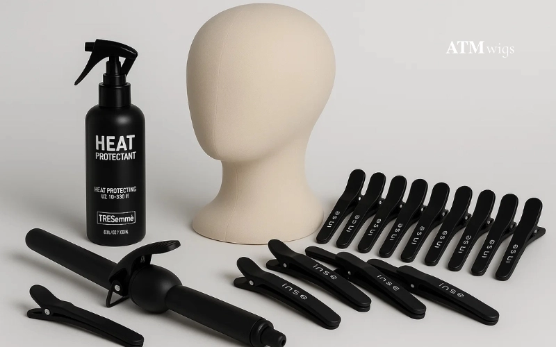 Wig curling tools laid out on table Wig curling tools laid out on table