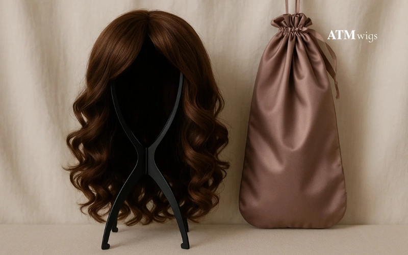 Curled wig stored properly on wig stand Curled wig stored properly on wig stand