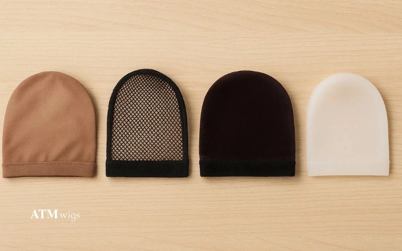 Différents types de bonnets de perruque : nylon, maille, velours et silicone. Différents types de bonnets de perruque : nylon, maille, velours et silicone.