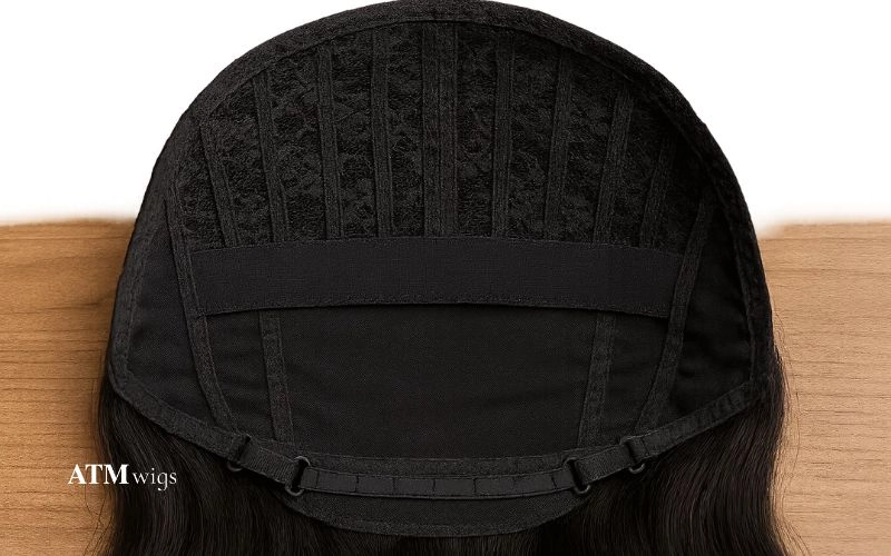 Vue intérieure d’un bonnet de perruque montrant les sangles intégrées et une bande élastique cousue. Vue intérieure d’un bonnet de perruque montrant les sangles intégrées et une bande élastique cousue.
