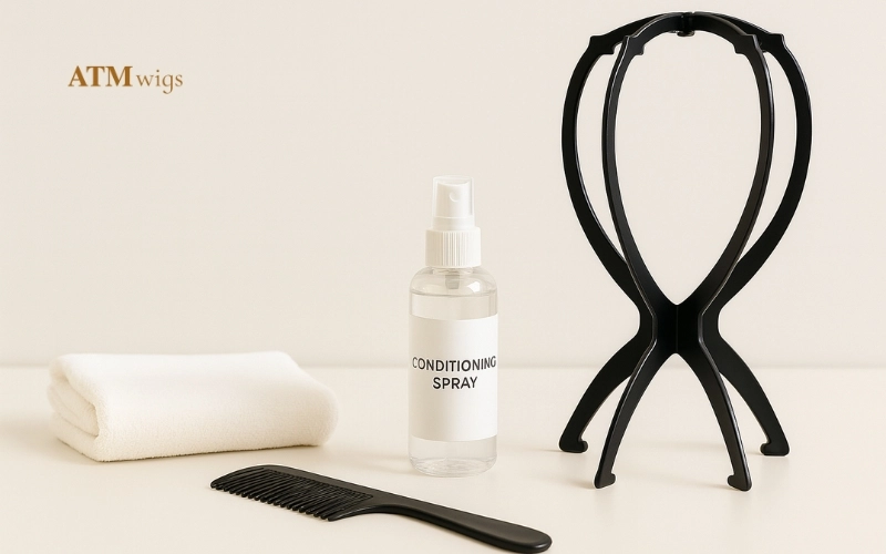 Wig care kit including brush, spray, and stand Wig care kit including brush, spray, and stand