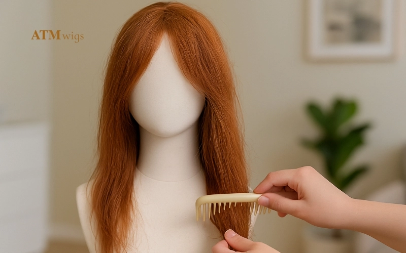 Brushing a human hair wig gently to prevent damage Brushing a human hair wig gently to prevent damage