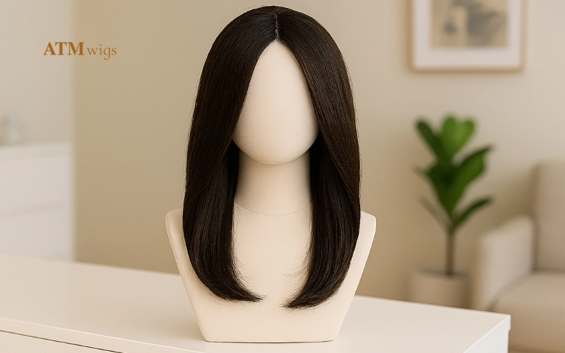 Proper storage of a human hair wig on a stand and in a silk bag Proper storage of a human hair wig on a stand and in a silk bag