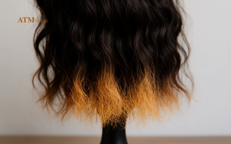 Heat-damaged wig ends showing frizz Heat-damaged wig ends showing frizz