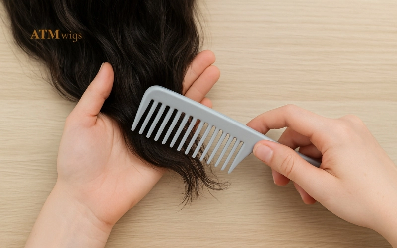 Detangle the wig gently with a wide-tooth comb Detangle the wig gently with a wide-tooth comb