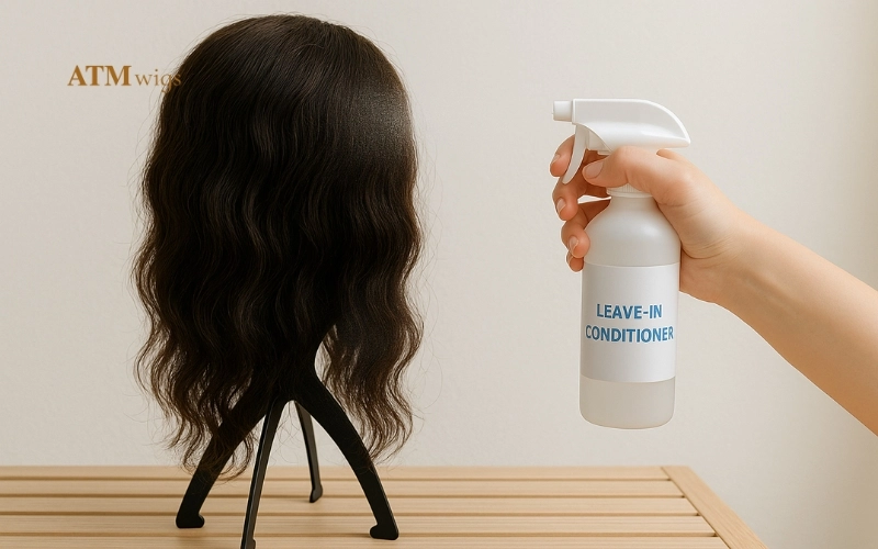 Spraying wig with leave-in conditioner for softness Spraying wig with leave-in conditioner for softness
