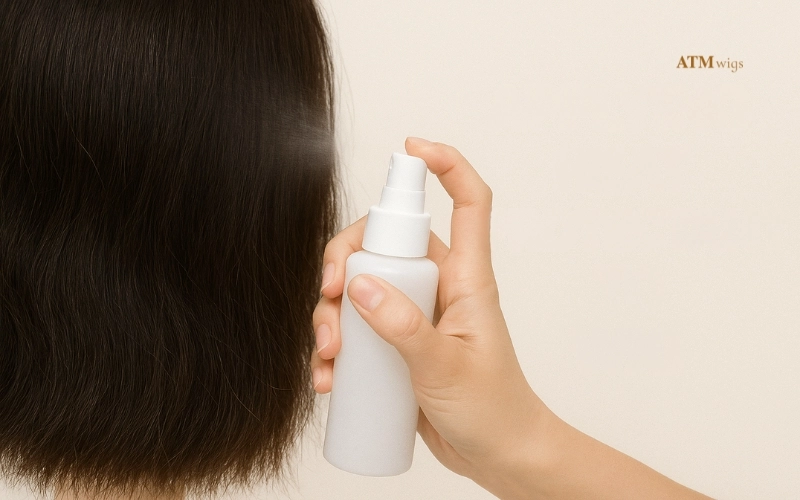 Applying heat protectant spray to human hair wig Applying heat protectant spray to human hair wig