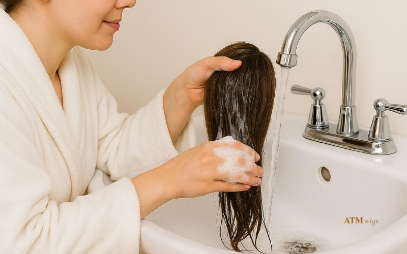Washing human hair wig with sulfate-free shampoo Washing human hair wig with sulfate-free shampoo