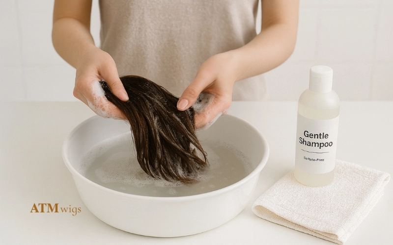 Washing a human hair wig with sulfate-free shampoo Washing a human hair wig with sulfate-free shampoo