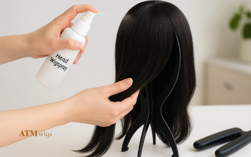 Applying heat protectant spray before styling wig Applying heat protectant spray before styling wig