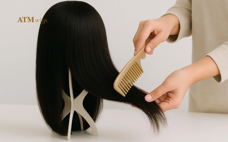 Detangling wig ends with a wide-tooth comb Detangling wig ends with a wide-tooth comb