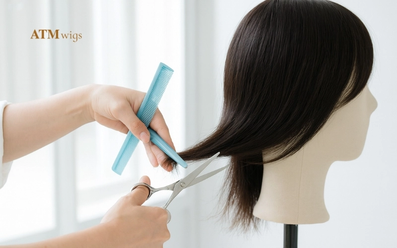 Professional trimming of split ends on a human hair wig Professional trimming of split ends on a human hair wig