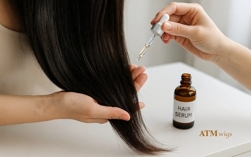 Applying hydrating oil to human hair wig ends Applying hydrating oil to human hair wig ends