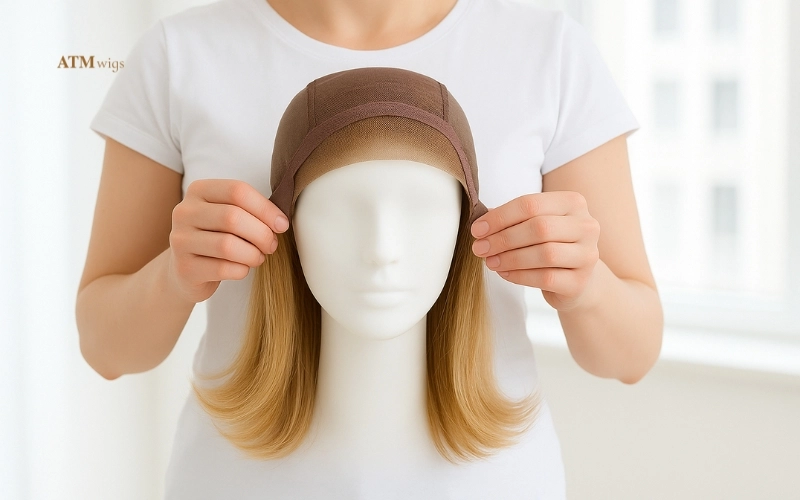 Holding the wig by the ear tabs to protect the lace Holding the wig by the ear tabs to protect the lace
