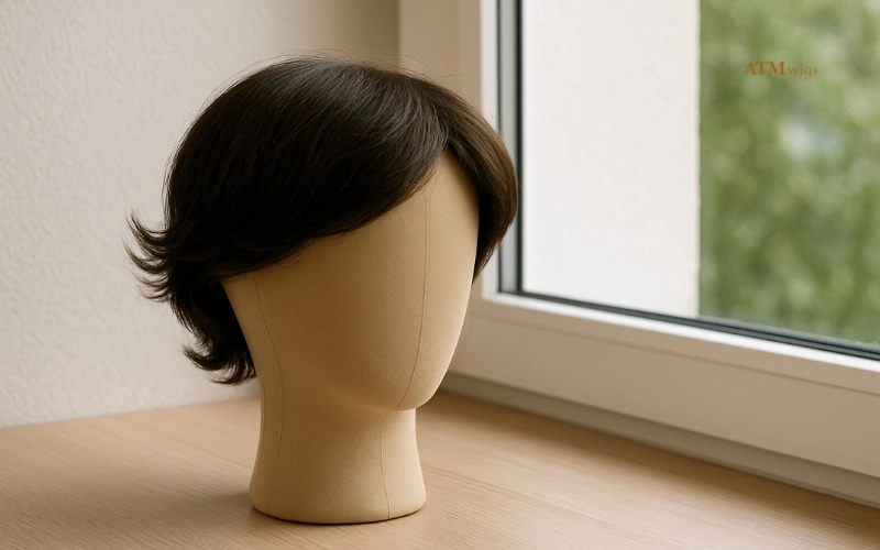 Toupee stored on wig stand in cool area Toupee stored on wig stand in cool area