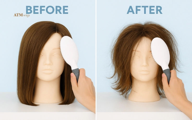 Before and after brushing a wig