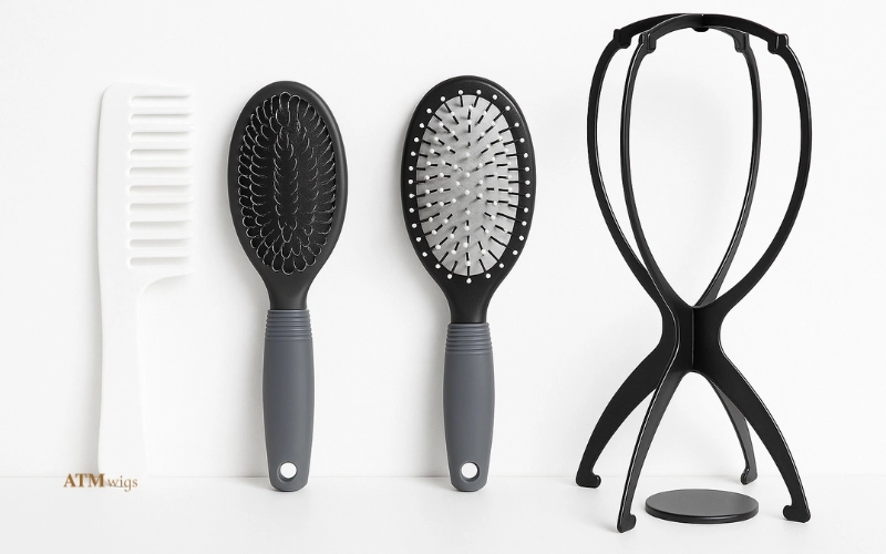 Wig brushing tools: wide-tooth comb looper brush, paddle brush