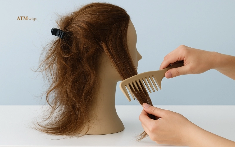 Brushing wig from ends to roots