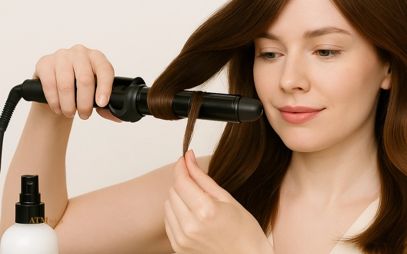 Styling brown human hair wig with curling iron Styling brown human hair wig with curling iron