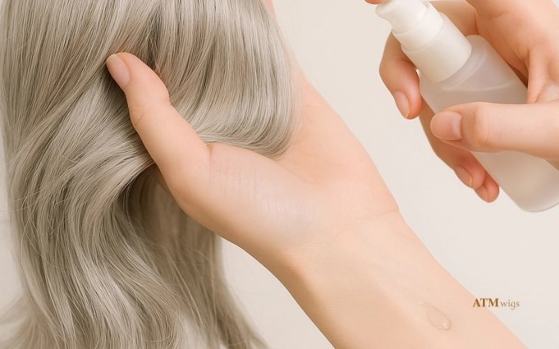 Applying serum to the grey human hair wig ends Applying serum to the grey human hair wig ends