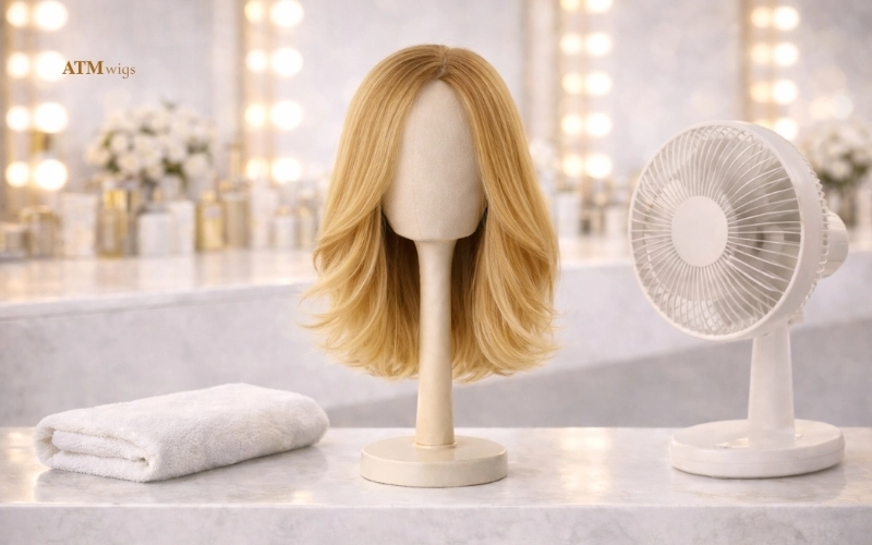 Safe air drying method for synthetic wigs on a wig stand Safe air drying method for synthetic wigs on a wig stand