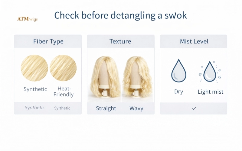 Quick checks before detangling a synthetic wig: fiber type, texture and mist level Quick checks before detangling a synthetic wig: fiber type, texture and mist level