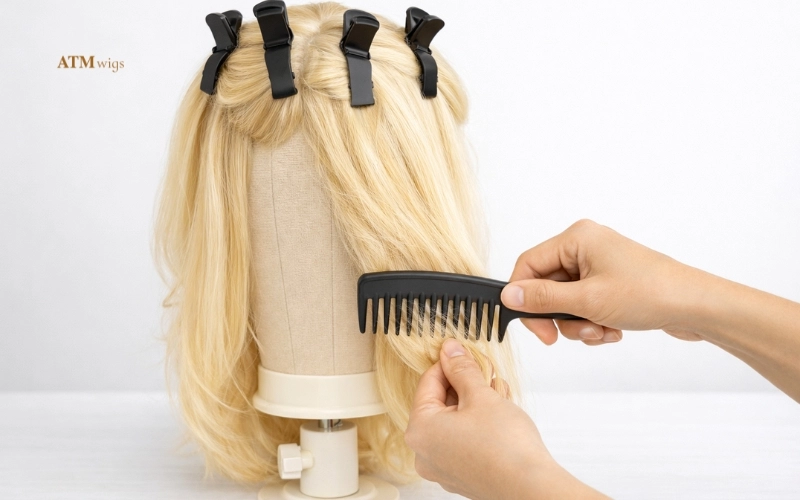 Step-by-step: Detangle a synthetic wig by sectioning and working from the ends upwards Step-by-step: Detangle a synthetic wig by sectioning and working from the ends upwards
