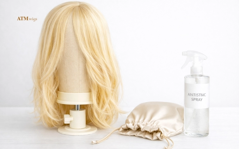 After detangling: store a synthetic wig on a stand or satin bag to prevent tangles and static After detangling: store a synthetic wig on a stand or satin bag to prevent tangles and static