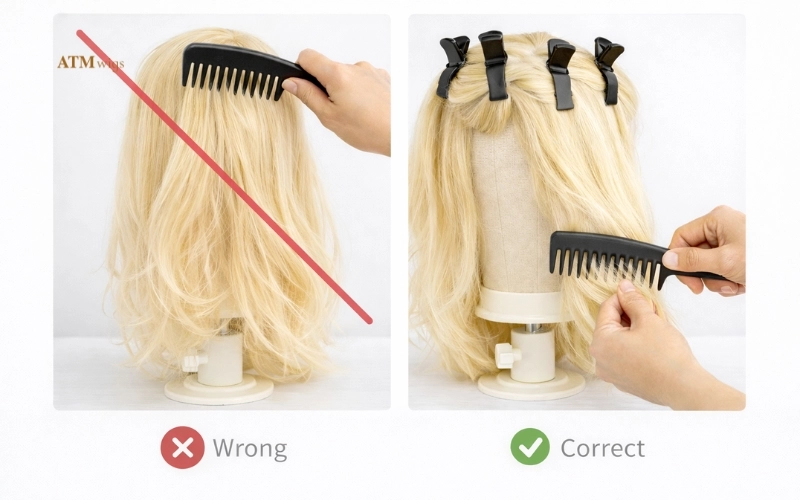 Common mistake: brushing from roots tightens knots when detangling a synthetic wig Common mistake: brushing from roots tightens knots when detangling a synthetic wig