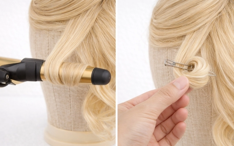 Low-heat styling for heat-friendly synthetic wigs with cool-set pin curls Low-heat styling for heat-friendly synthetic wigs with cool-set pin curls