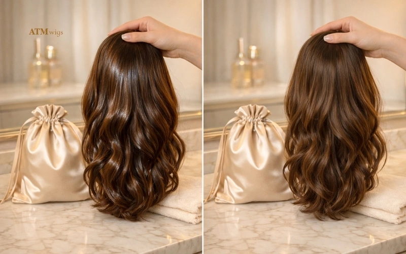 Vergleich einer Kunsthaarperücke vor und nach der Anwendung von wig-safe Haarspray Vergleich einer Kunsthaarperücke vor und nach der Anwendung von wig-safe Haarspray