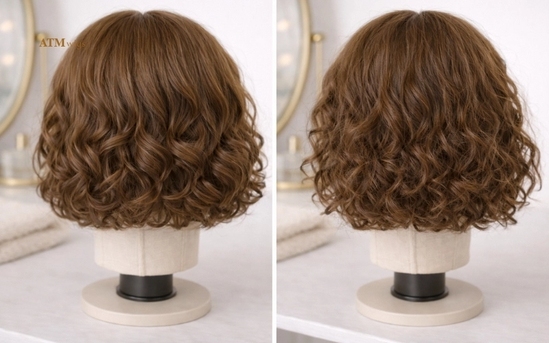 Frizzige Locken in einer Kunsthaarperücke Frizzige Locken in einer Kunsthaarperücke