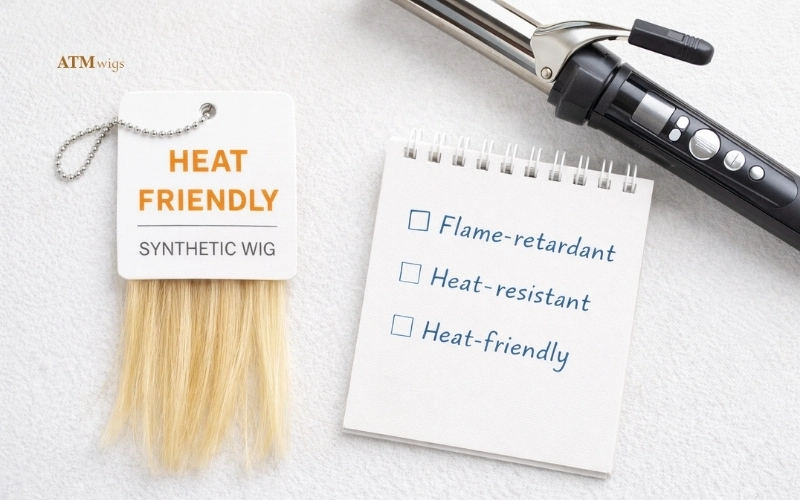 Synthetic wig label showing heat friendly and fiber information Synthetic wig label showing heat friendly and fiber information