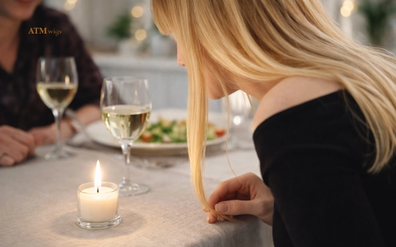 Lange synthetische pruik dicht bij een tafelkaars tijdens een dinersetting Lange synthetische pruik dicht bij een tafelkaars tijdens een dinersetting