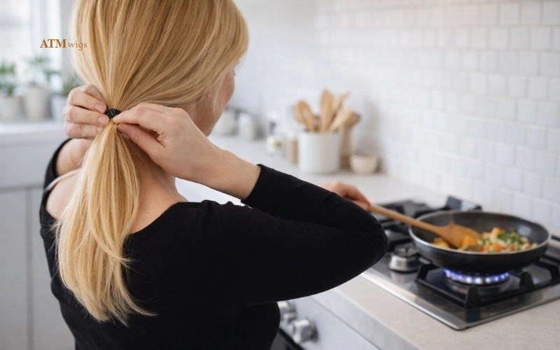 Een vrouw bindt een lange synthetische pruik weg van hitte tijdens het koken Een vrouw bindt een lange synthetische pruik weg van hitte tijdens het koken