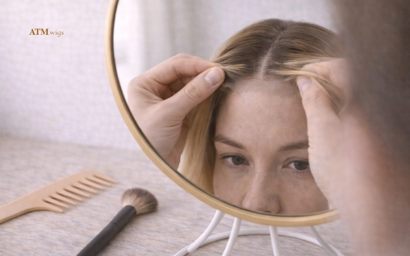 Έλεγχος στον καθρέφτη μιας ρεαλιστικής lace front γραμμής τριχοφυΐας σε συνθετική περούκα Έλεγχος στον καθρέφτη μιας ρεαλιστικής lace front γραμμής τριχοφυΐας σε συνθετική περούκα