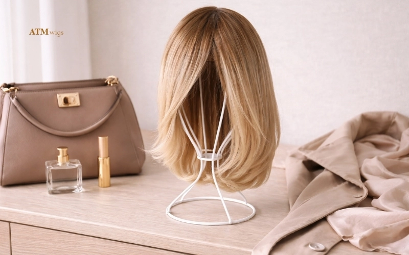 Synthetic wig on a stand next to a handbag ready for daily wear Synthetic wig on a stand next to a handbag ready for daily wear
