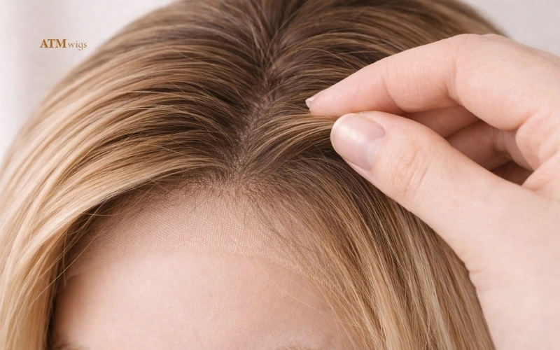 Close up natural lace front hairline on a synthetic wig Close up natural lace front hairline on a synthetic wig