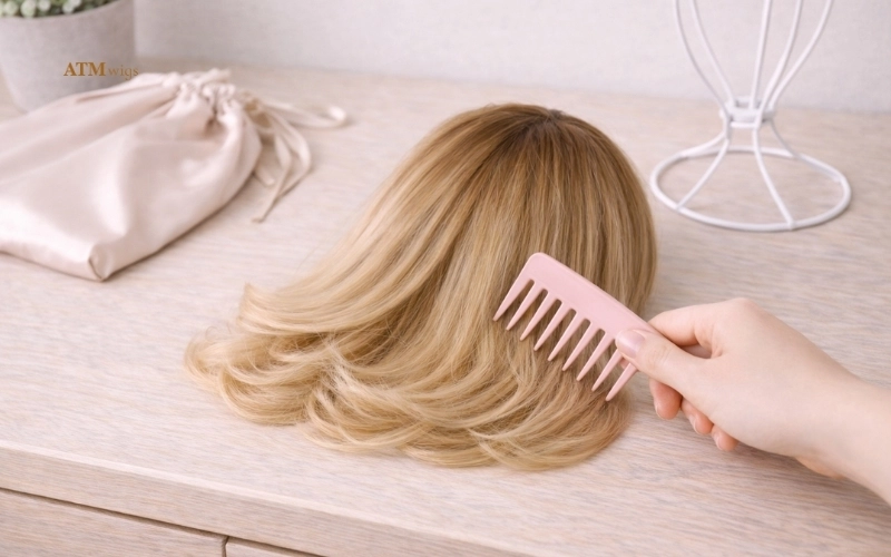 Detangling a synthetic wig with wide tooth comb Detangling a synthetic wig with wide tooth comb
