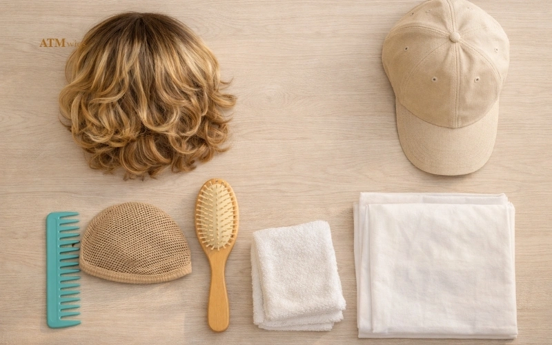 Flatlay mit Kunsthaarperücke, Wig Cap, Kamm, Bürste, Mütze und Kissenbezug auf sauberer Oberfläche Flatlay mit Kunsthaarperücke, Wig Cap, Kamm, Bürste, Mütze und Kissenbezug auf sauberer Oberfläche