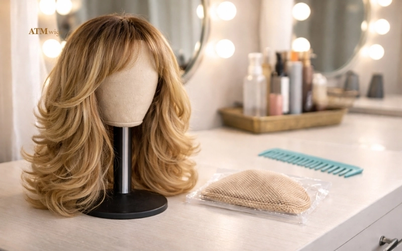 Kunsthaarperücke im Salon mit Einweg-Wig-Cap und Styling-Tools Kunsthaarperücke im Salon mit Einweg-Wig-Cap und Styling-Tools