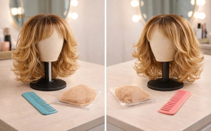 Persönliche Perücken-Tools separat angeordnet mit Wig Caps, Kämmen und Haaraccessoires Persönliche Perücken-Tools separat angeordnet mit Wig Caps, Kämmen und Haaraccessoires