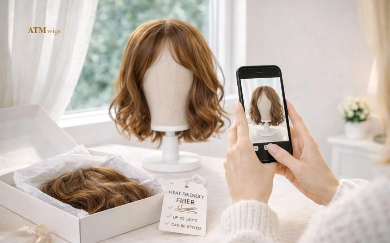 Woman taking daylight photos of a wig near a window to check if it is synthetic Woman taking daylight photos of a wig near a window to check if it is synthetic