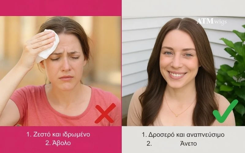 Comparison of uncomfortable and breathable wigs in hot weather Σύγκριση μη άνετων και διαπνέουσων περουκών σε ζεστό καιρό