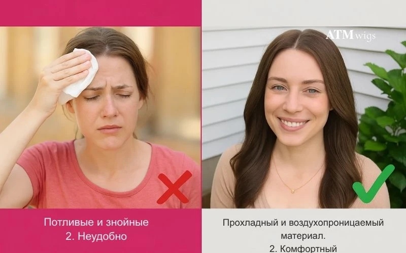 Сравнение “душных” и дышащих париков в жаркую погоду Сравнение “душных” и дышащих париков в жаркую погоду